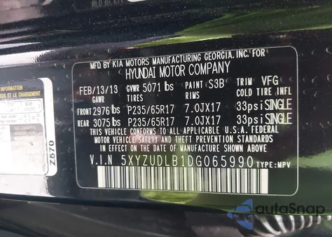 2013 Hyundai Santa Fe Sport z USA, uszkodzony, nr VIN 5XYZUDLB1DG065990